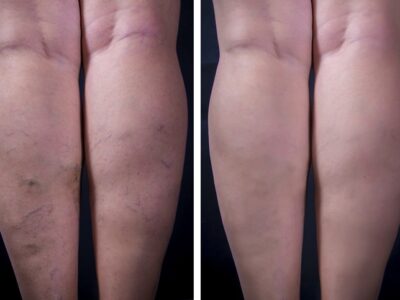 Studio Shot Of Varicose Veins, Before And After Comparison Of Both Legs